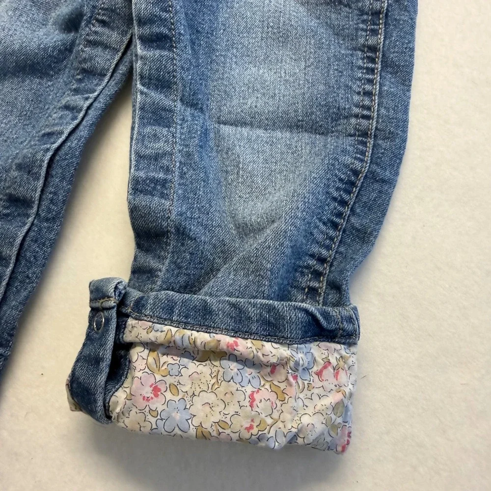 OshKosh B'gosh Girls Blue Denim Floral Lined Ruffle Trim Bib Overalls Size 2T